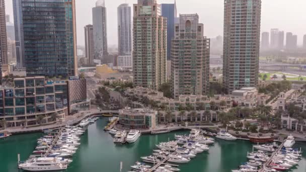 Luxury Yacht Bay City Aerial Timelapse Dubai Marina Morning Sunrise — Stockvideo