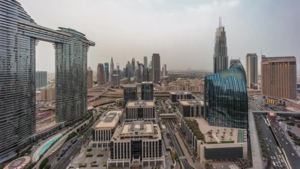 Futurista Dubai Downtown Distrito Financeiro Panorâmico Horizonte Aéreo Dia Noite — Vídeo de Stock