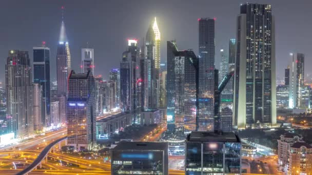 Panorama Dubai Financial Center District Tall Skyscrapers Illuminated All Night — Vídeo de Stock