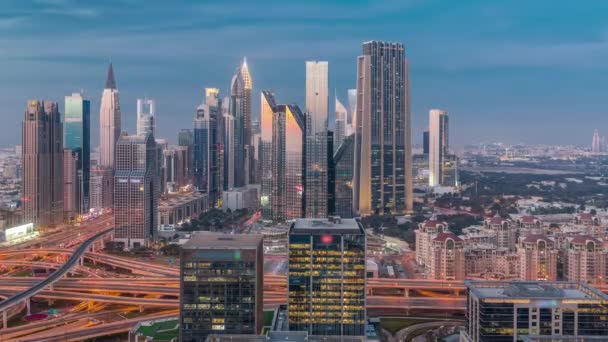 Panorama Över Dubai Financial Center Distrikt Med Höga Skyskrapor Med — Stockvideo