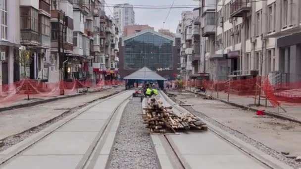Rails Tramway Après Leur Installation Leur Intégration Dans Des Plaques — Video
