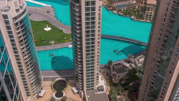 Dubaj Centrum Miasta Fontannami Nowoczesną Futurystyczną Architekturą Lotniczą Timelapse Przez — Wideo stockowe