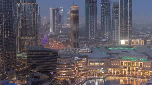 Dubai Centro Cerca Fuentes Arquitectura Futurista Moderna Antena Día Noche — Vídeo de stock