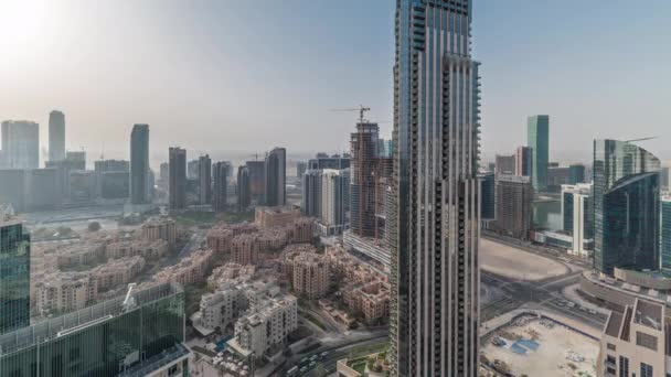 Aerial Panoramic Skyline Big Futuristic City Morning Timelapse Business Bay — Stock Video