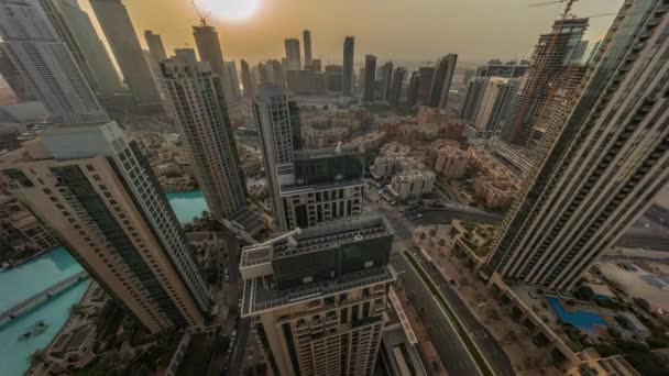 Aerial Panoramic Look View Sunrise Big Futuristic City Timelapse Business — Vídeo de Stock