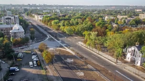 Строительная Площадка Проспекта Трамвайных Путей Реконструирует Воздушный Панорамный Временной График — стоковое видео
