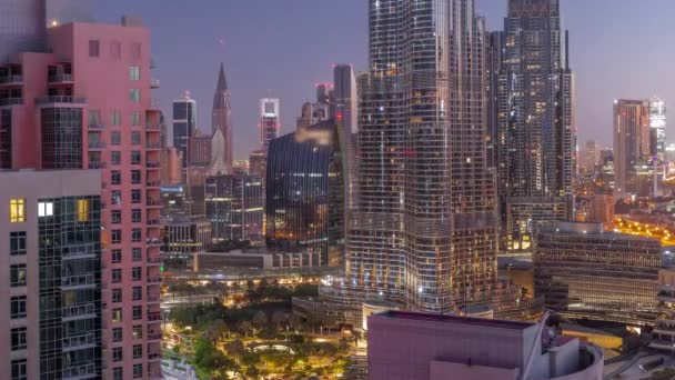 Vista Aerea Dubai International Financial Centre Grattacieli Distretto Notte Giorno — Video Stock