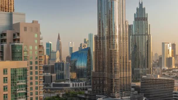 Dubai Downtown Cityscape Tallest Skyscrapers Aerial Timelapse Sunrise Sun Flares — Stock Video