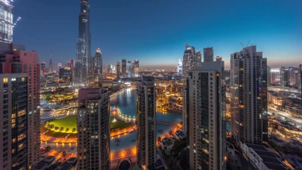 Dubai Downtown Stadsgezicht Met Hoogste Wolkenkrabbers Voor Zonsopgang Luchtfoto Nacht — Stockvideo