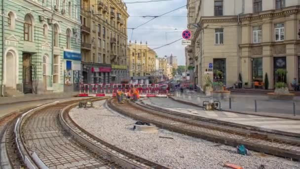 Workers Protective Mask Welding Reinforcement Tram Tracks City Road Construction — Wideo stockowe