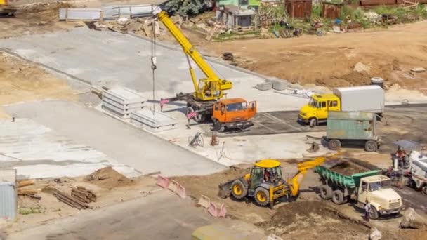 Aerial View Large Road Construction Site Several Industrial Machines Timelapse — Stockvideo