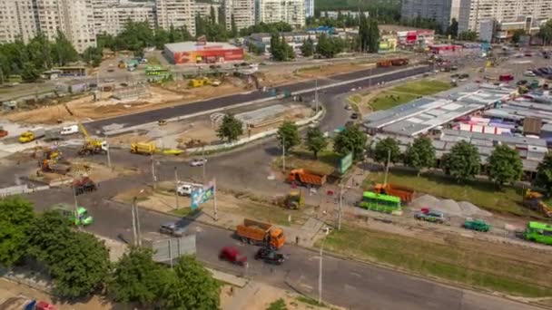 Aerial View Large Road Construction Site Several Industrial Machines Timelapse — Vídeo de Stock