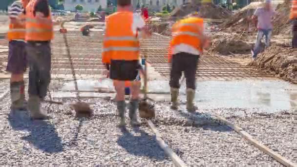 Concrete Works Crushed Stone Road Construction Many Workers Uniform Mixer — Vídeos de Stock