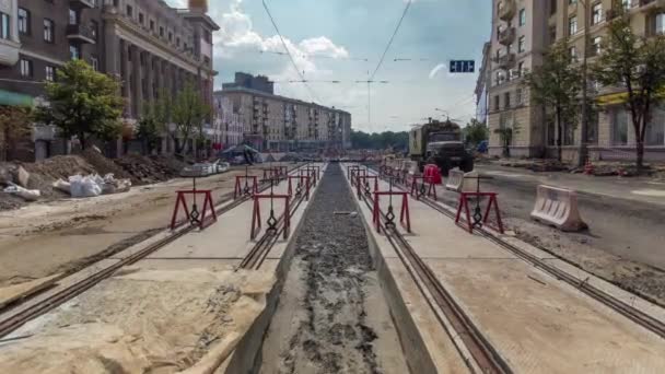Tram Rails Final Stage Installation Integration Concrete Plates Road Timelapse — Video