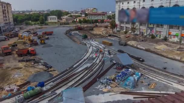 Laying New Tram Rails City Street Repair Works Street Aerial — Stock Video