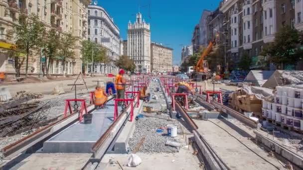 Tram Rails Final Stage Installation Integration Concrete Plates Road Timelapse — стоковое видео