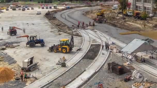 Work Tracktors Excavators Construction Site Road Timelapse Crushed Stone Substrate — Stockvideo
