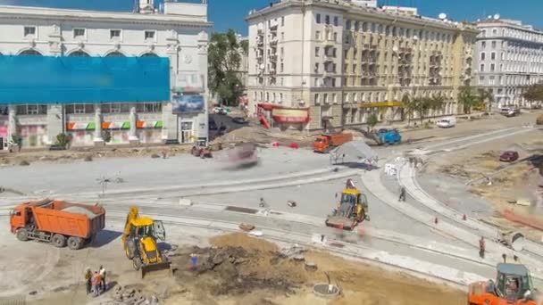 Work Bulldozers Excavators Construction Site Road Timelapse Reconstruction Tram Tracks — Stok video