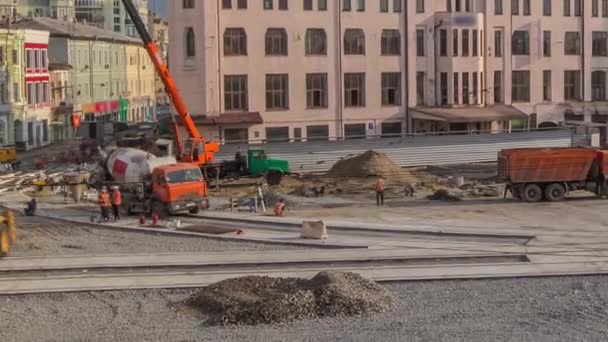 Concrete Works Road Construction Many Workers Uniform Timelapse Mixer Crane — Stockvideo