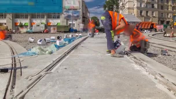 Tram Rails Final Stage Installation Integration Concrete Plates Road Panoramic — Stockvideo