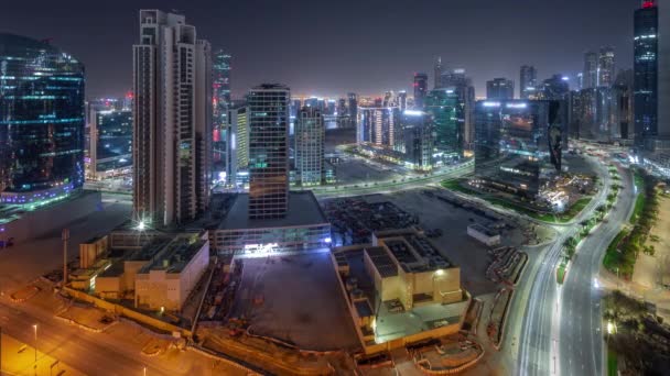 Business Bay Dubai Φωτίζονται Ουρανοξύστες Νερό Κανάλι Εναέρια Πανοραμική Timelapse — Αρχείο Βίντεο