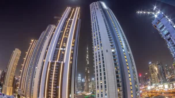 Panorama Tallest Skyscrapers Downtown Dubai Located Bouleward Street Shopping Mall — Stock Video