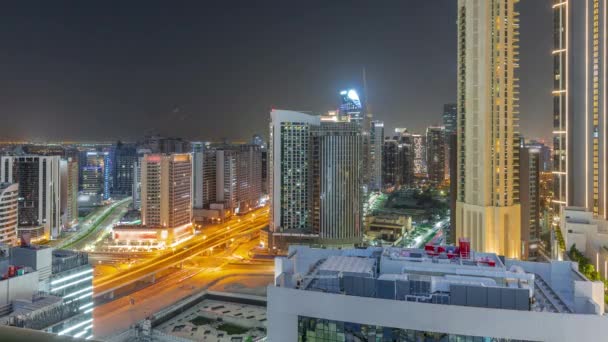 Grattacieli Presso Business Bay Dubai Aerea Durante Tutta Notte Timelapse — Video Stock