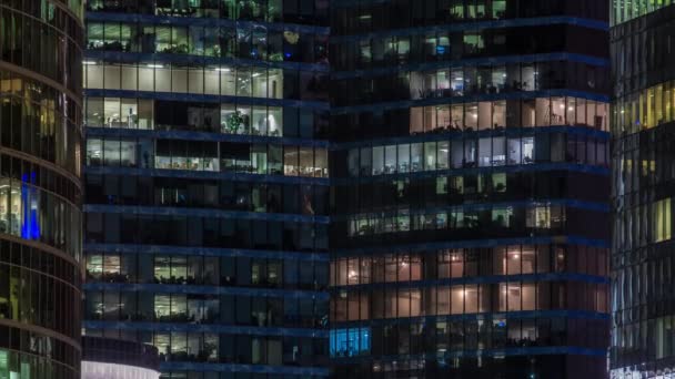 Close View Glowing Office Windows Skyscrapers International Business Center City — Vídeo de Stock