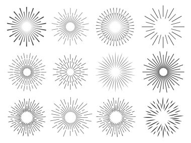 Güneş ışınları el çizimi, doğrusal çizim. Mega set
