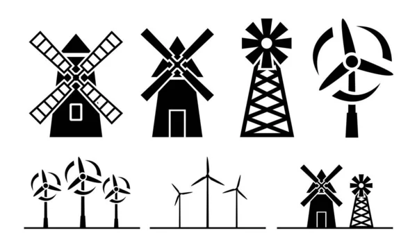 Windmolen Silhouet Iconen Vector Illustratie Witte Achtergrond — Stockvector
