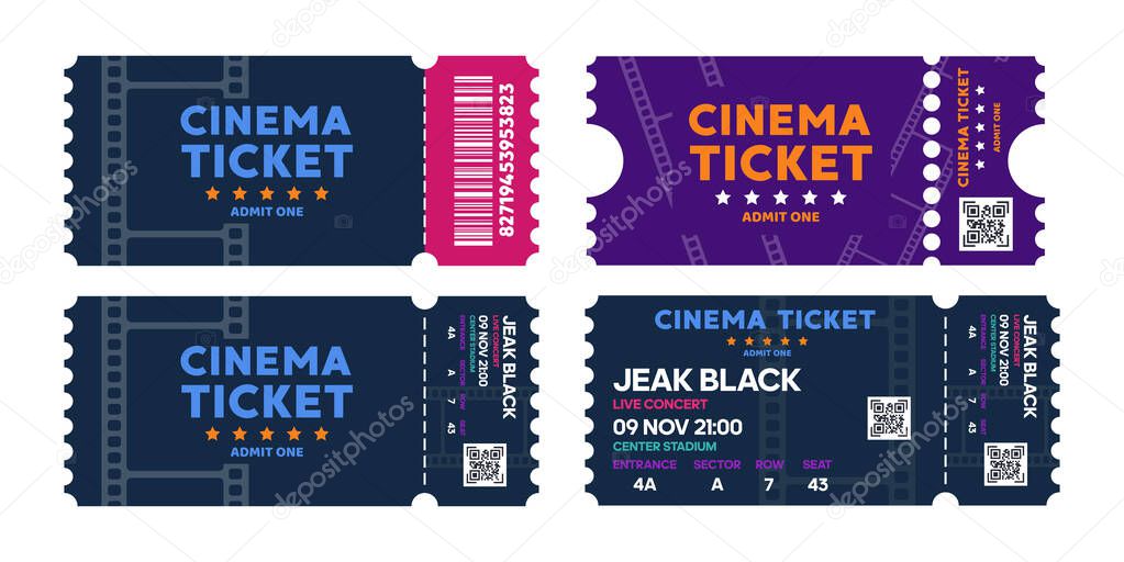 Cinema tickets on background. Pass ticket on film. Vector illustration