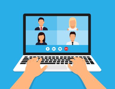 Webinar 'ın tasviri, online konferans ve eğitim. Düz. Vektör çizimi. Model video konferansı
