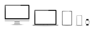 Gerçekçi bilgisayar monitörleri, dizüstü bilgisayarlar, tabletler, cep telefonları ve saatler. Vektör illüstrasyonu