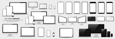 Büyük minimalist cihaz seti. Akıllı telefon, tablet, dizüstü bilgisayar, bilgisayar ve televizyon. Vektör koleksiyonu