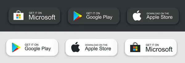 App store buttons set. Google Play Store logo.  AppStore logo. Apple  App Store button. Microsoft download app. Stock Vector