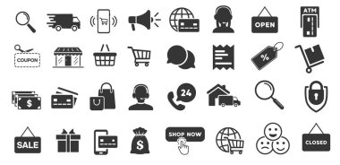 Çevrimiçi alışveriş simgeleri ayarlandı, ödeme unsurları vektör illüstrasyonu