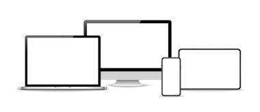 Gerçekçi bilgisayar monitörleri, dizüstü bilgisayarlar, tabletler ve cep telefonları. Vektör illüstrasyonu