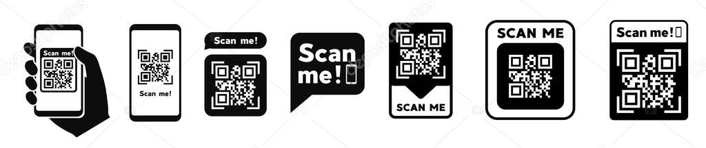 Scan QR code flat icon with phone. Barcode. Vector illustration.