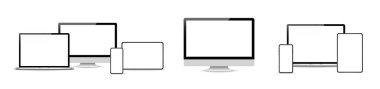 Gerçekçi bilgisayar monitörleri, dizüstü bilgisayarlar, tabletler ve cep telefonları. Vektör illüstrasyonu