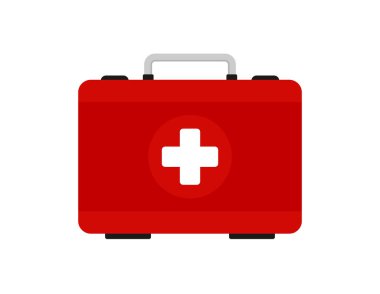 İlk yardım çantası düz simgesi. Vektör çizimi. İlk yardım çantası simgesi. Düz Çizim