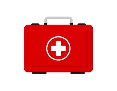 İlk yardım çantası düz simgesi. Vektör çizimi. İlk yardım çantası simgesi. Düz Çizim
