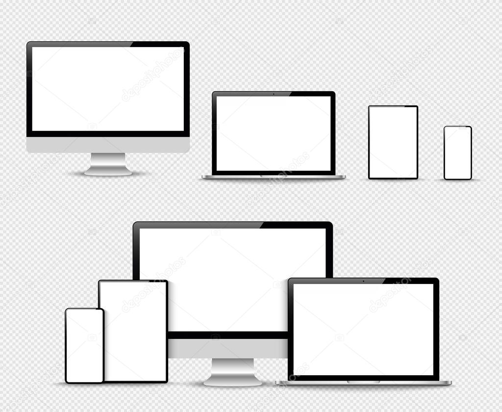 Set of compute, laptop, smartphone with empty screens. Design on transparent background. . Vector illustration