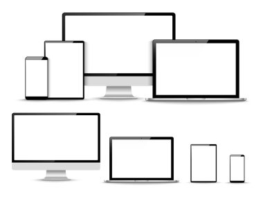 Hesap seti, dizüstü bilgisayar, boş ekranlı akıllı telefon. Vektör illüstrasyonu