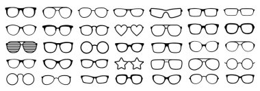 Pek çok çeşit gözlük. Moda koleksiyonu bardakları izole etti. Vektör çizimi. Gözlük simgeleri siluetleri çerçeveler.