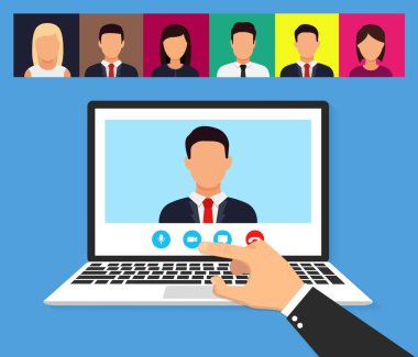 webinar, online konferans ve eğitim Illustration. Düz. Vektör çizim
