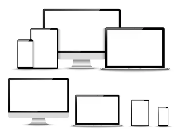 一套计算 笔记本电脑 带有空屏幕的智能手机 矢量说明 — 图库矢量图片