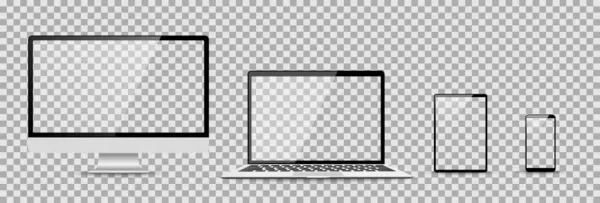 Sada Počítačů Notebooku Smartphonu Prázdnými Obrazovkami Návrh Průhledném Pozadí Vektorová — Stockový vektor