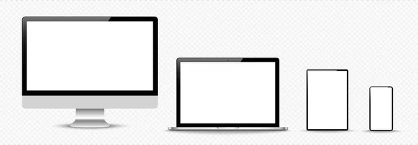 一套计算 笔记本电脑 带有空屏幕的智能手机 在透明的背景下进行设计 是的矢量说明 — 图库矢量图片