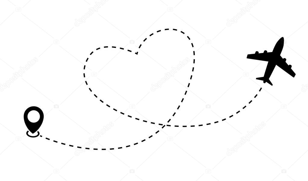 Heart airplane route. Plane and track icon on a white background. Vector illustration