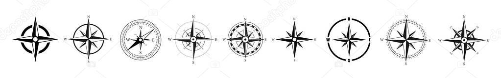 Black wind rose or compass set. Vector illustration